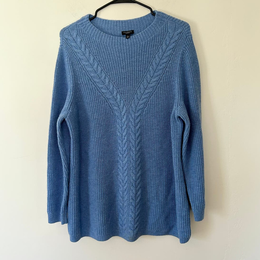 Talbots Plus Size Lambswool Blend Cable-Knit Longline Tunic Sweater Blue